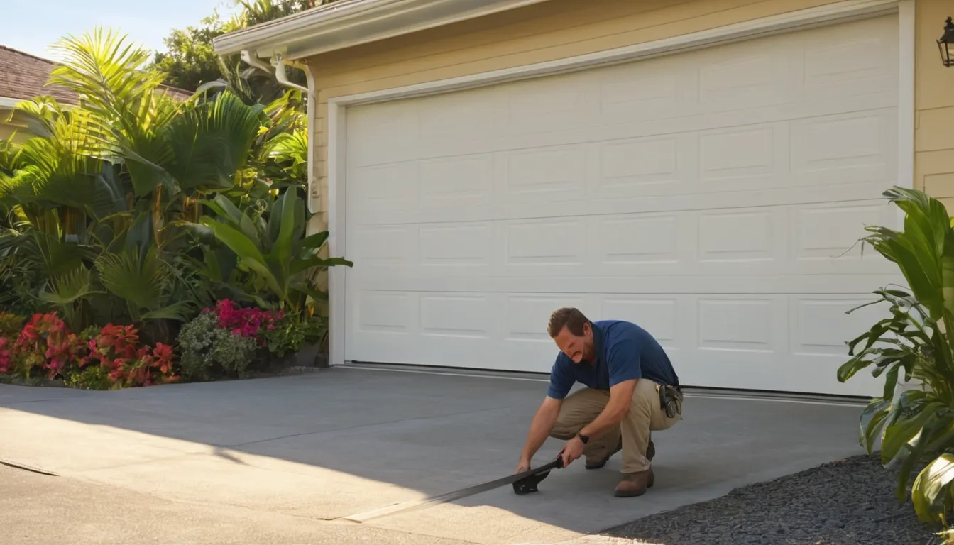 Garage door provider inspecting the spring and track of a residential garage door in Boca Raton